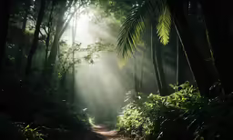 sunlight streaming through the woods with sunlight hitting through the trees