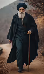 a man with white beard and long coat walking down a dirt road