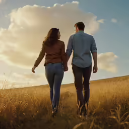 a man and a woman walking in a field
