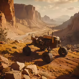 a tractor is parked in the desert with rocks