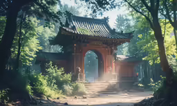 an asian temple that is surrounded by trees and stairs