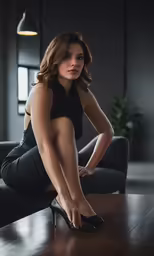 the woman sits on the table while posing for a photo
