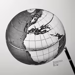 an ink drawing of a ball of the world on a white paper