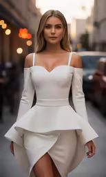 a model walking down a street wearing a white dress