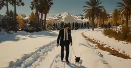 a person with a leash walks down a snow covered street with a black cat