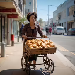 a woman pushing a wagon filled with donuts down a street