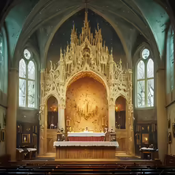 an old church alter is decorated with chandeliers