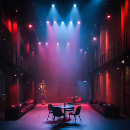 the stage is lit with bright red and purple lights