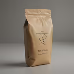 a brown bag of coffee sitting on top of a counter