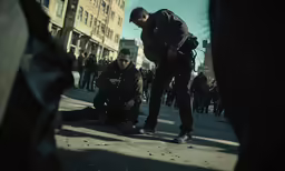 two men stand next to a policeman and people