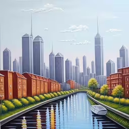 this is a painting of a large city in the background