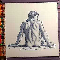 a drawing of a woman sitting on the ground,pencil drawing of a girl sitting with her back turned