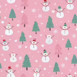a pink christmas background with snowmen and trees