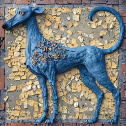 a blue dog with food around his neck