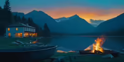 a house with a fire burning in it next to a mountain range