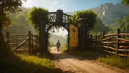 man walking up a dirt road to a gate,a person walking down a dirt road under an open gate