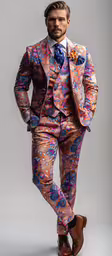 an image of a man in a suit,a man in an orange and pink suit poses for a picture