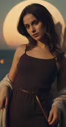 a woman is holding an umbrella standing on the beach in front of the moon