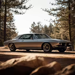 an old car sits in front of some pine trees