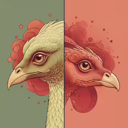 two separate paintings of birds one bird with a flowered head