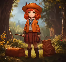 an animated picture of a redhead haired woman in the woods,a red haired girl with two bags is standing in the forest