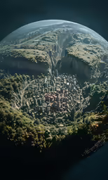 an alien world with a town in the middle