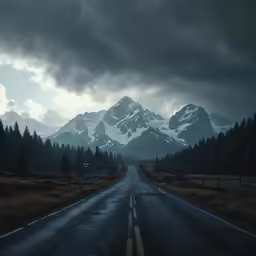 a very long highway with the mountains in the background