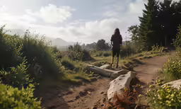 a woman stands on a tree log in the woods
