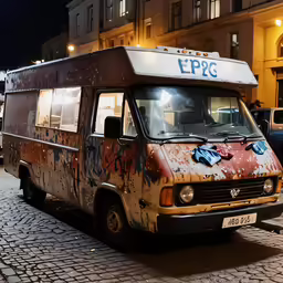 an old rusty, damaged delivery truck on a street at night
