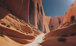 a narrow path between two huge orange rock formations