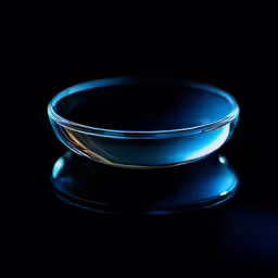 a glass bowl on a reflective pedestal on a black surface