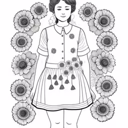 a black and white drawing of a girl in front of sunflowers,a girl standing in front of sunflowers with her eyes closed