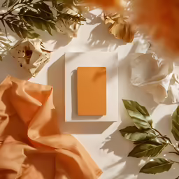 an overhead view of a piece of orange paper and some different florals