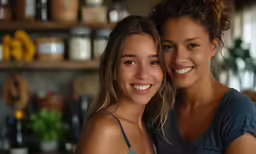 two beautiful women standing next to each other in front of shelves of food