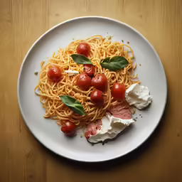 a plate of pasta with tomatoes, cream cheese and herbs on it