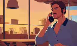 a man talking on the phone at an outdoor cafe,a cartoon of a man on his cell phone