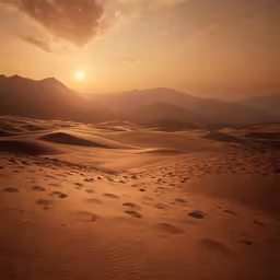 there is a sunset in the distance and footprints on the ground