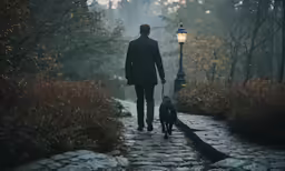 the man is walking his dog through the park