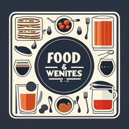 food and beverages poster featuring an ad for food and wine,a picture that shows a plate of food,a plate with food and drink in it,an image of a food and wine menu,an illustration with a blue background, and a poster with words in a circle