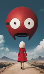 the girl with her mouth open looks up at a large red object