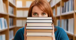 a girl is holding a stack of books in a library