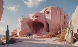 large pink, crazy, rock type structure with two large heads with a huge open mouth
