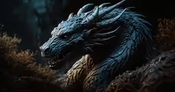 a close up of a dragon statue near some grass