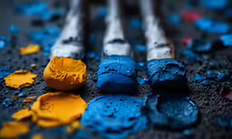 several different colors of paint sitting on the ground