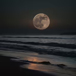the full moon on a dark, gloomy evening over the ocean