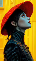 a woman in a red hat and black dress