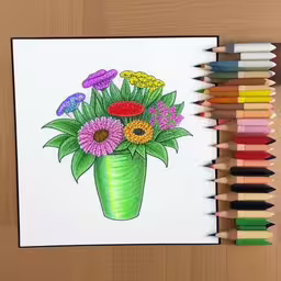 a drawing on paper of a vase of flowers and some colored pencils
