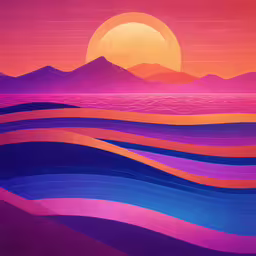 painting with wavy lines in the background and a sun in the distance,a painting of a sunset with hills and water