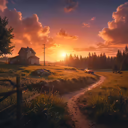 a sunset that is over a small house