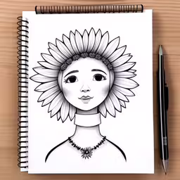 a girl with sunflowers on her head, and a pen to draw it,a spiral notepad has a drawing of a woman with sunflower headdress and necklaces